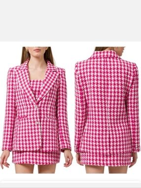 New W Tags WAYF Pink White Houndstooth Blazer [S] And Mini Skirt [M] Set